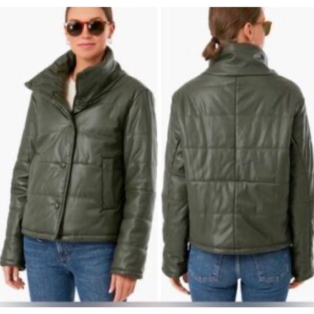 Pomander Place Olive Green Tuckernuck Faux Leather Puffer Coat Jacket Size Small